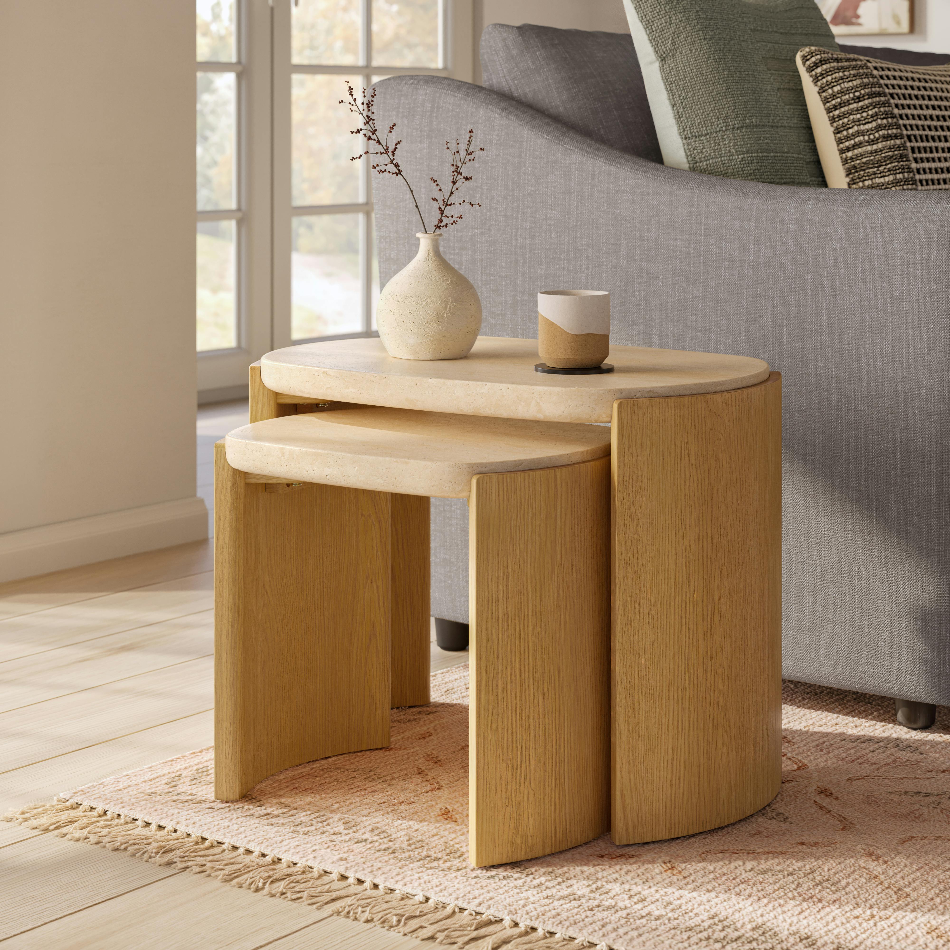 Isla 25" Travertine Nesting Side Tables - Natural Oak