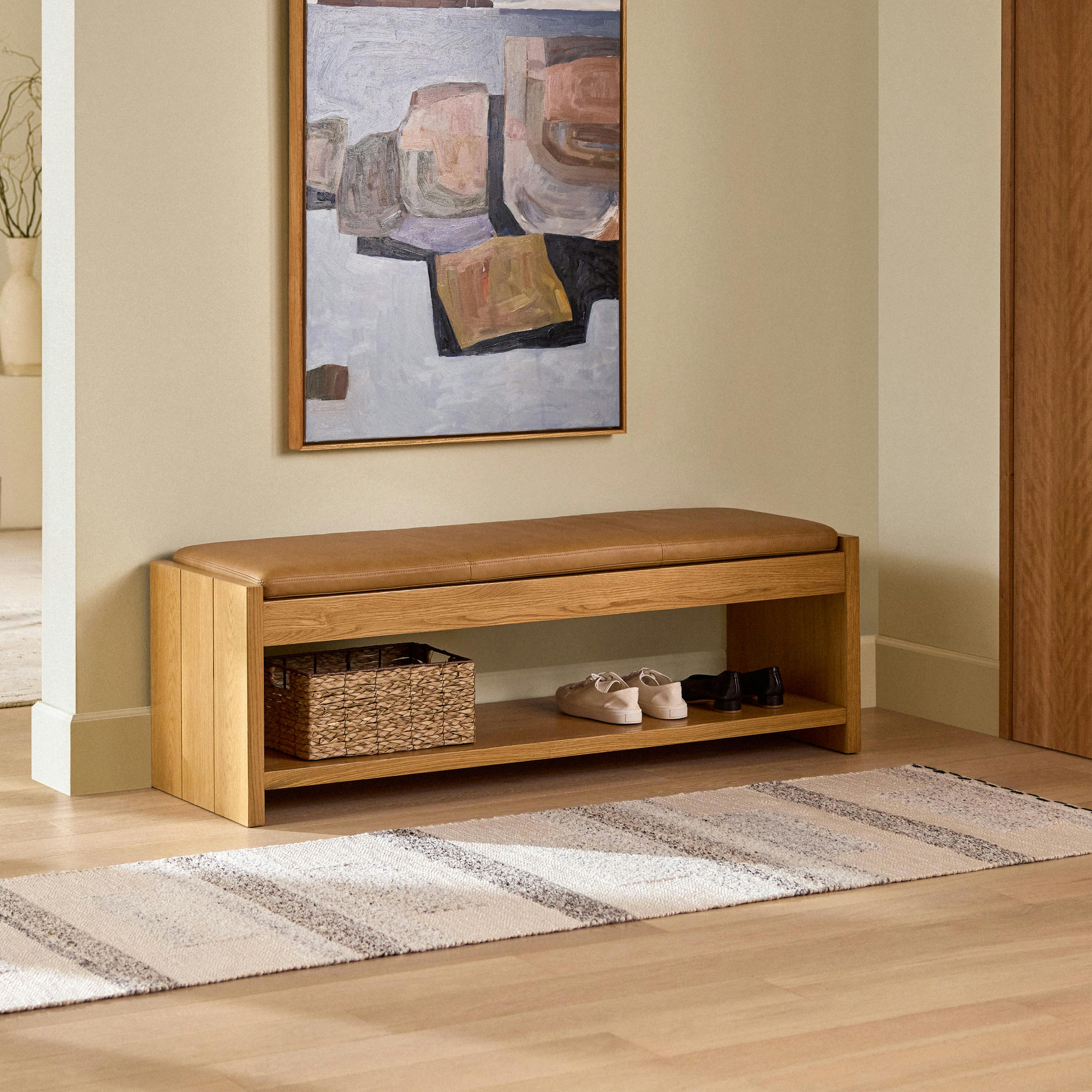 Cassie 56" Leather Bench - Natural Oak and Charme Tan