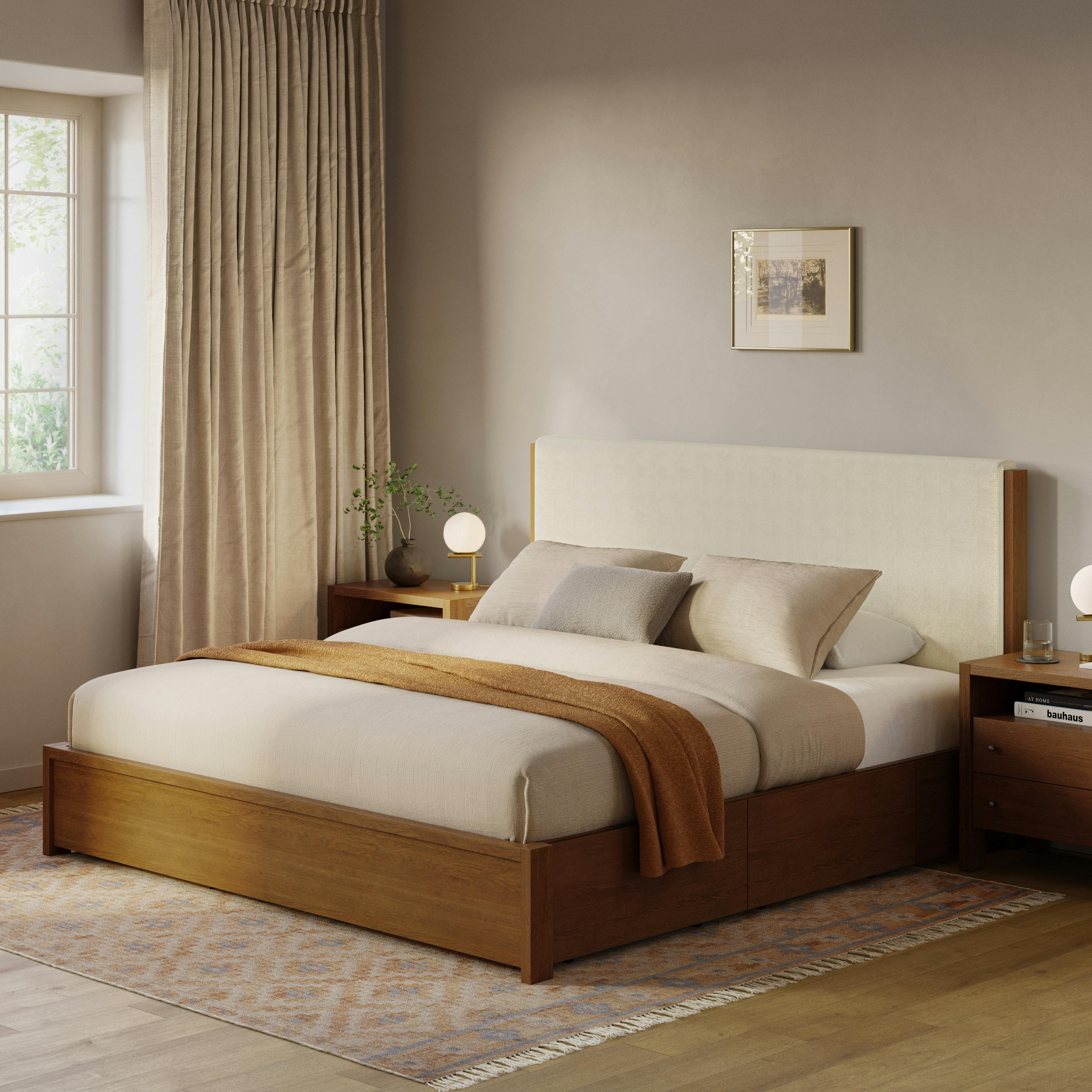 Cassie King Upholstered Storage Bed - Smoked Oak and Taupe Chenille