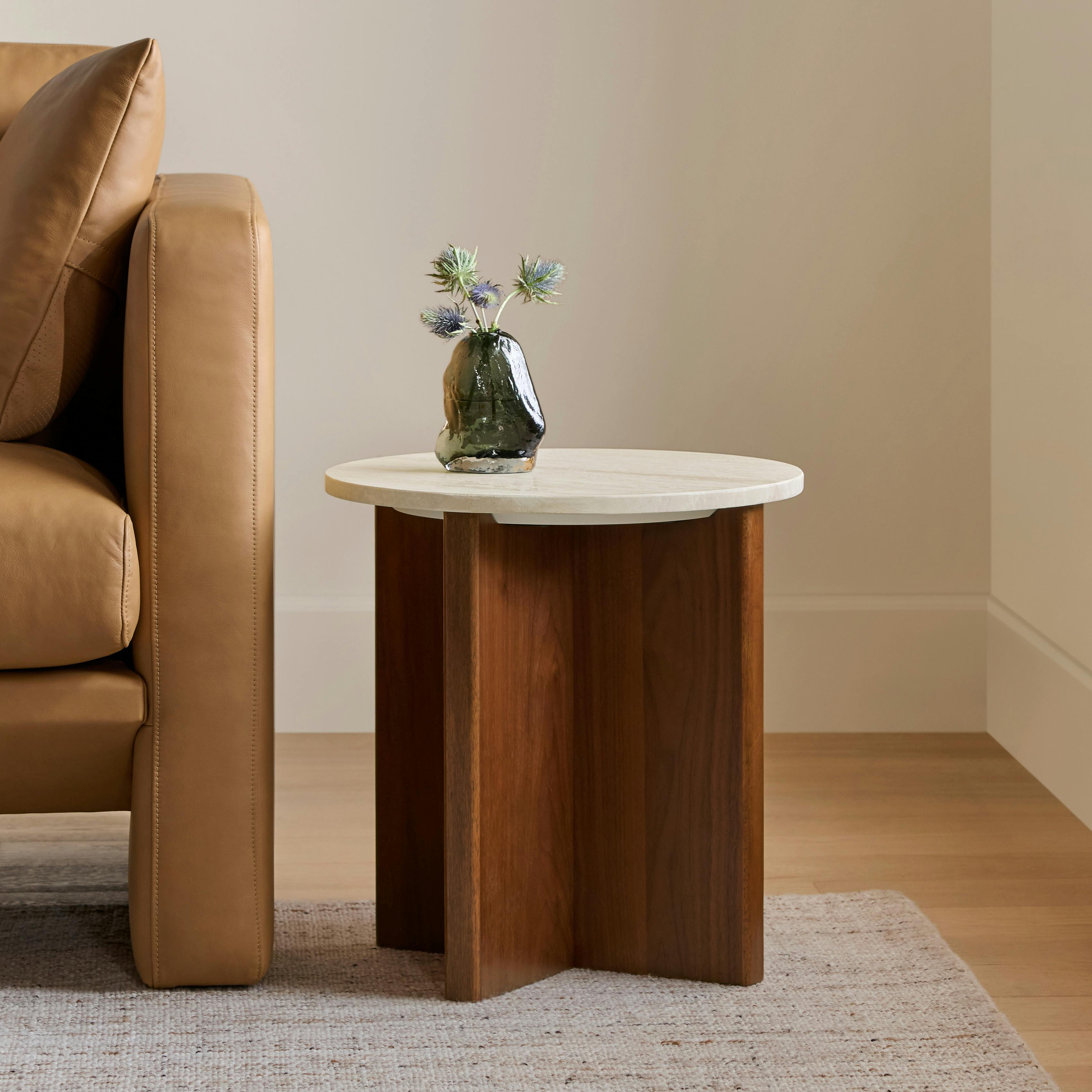 Sporo Travertine Side Table - Walnut