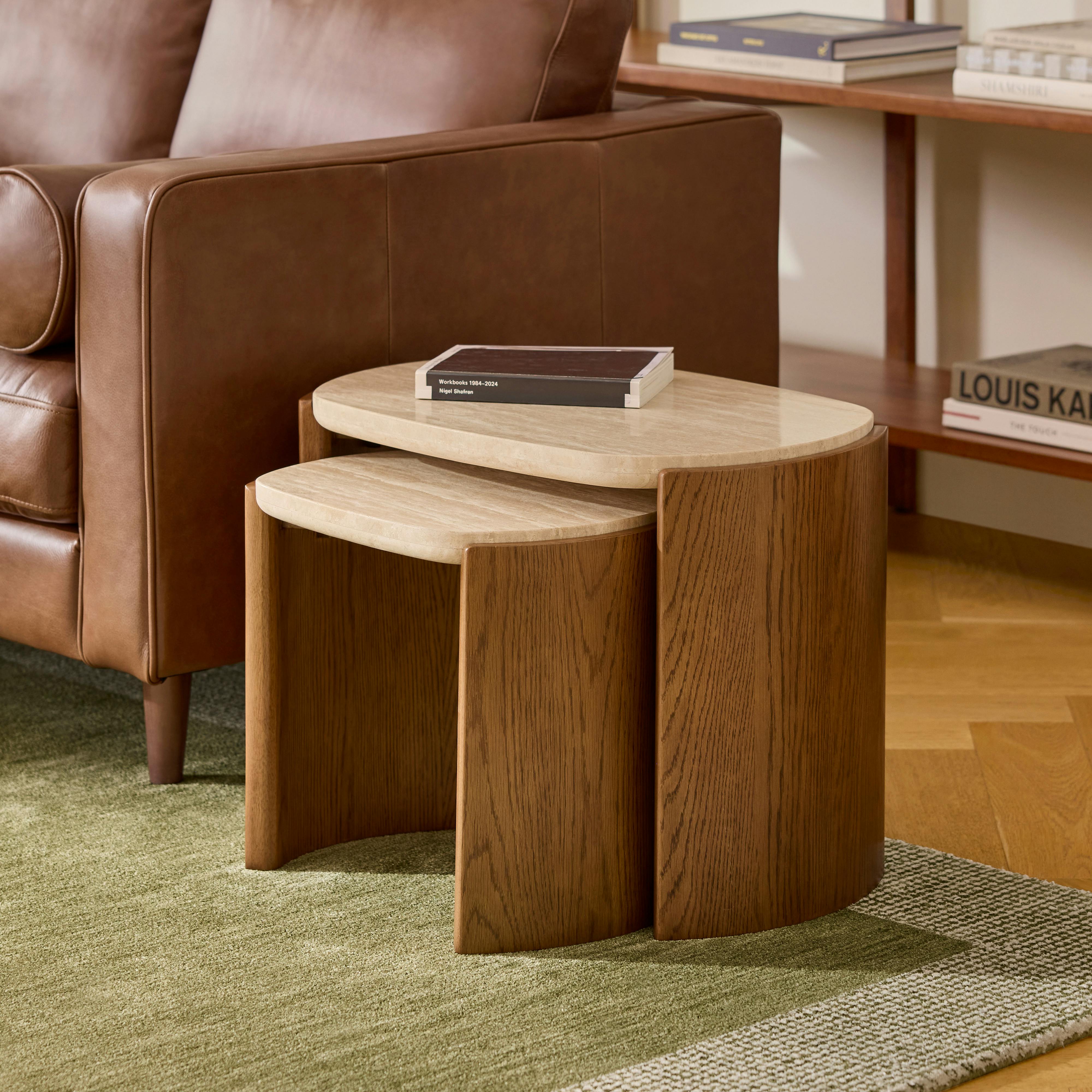 Isla 25" Travertine Nesting Side Tables - Smoked Oak