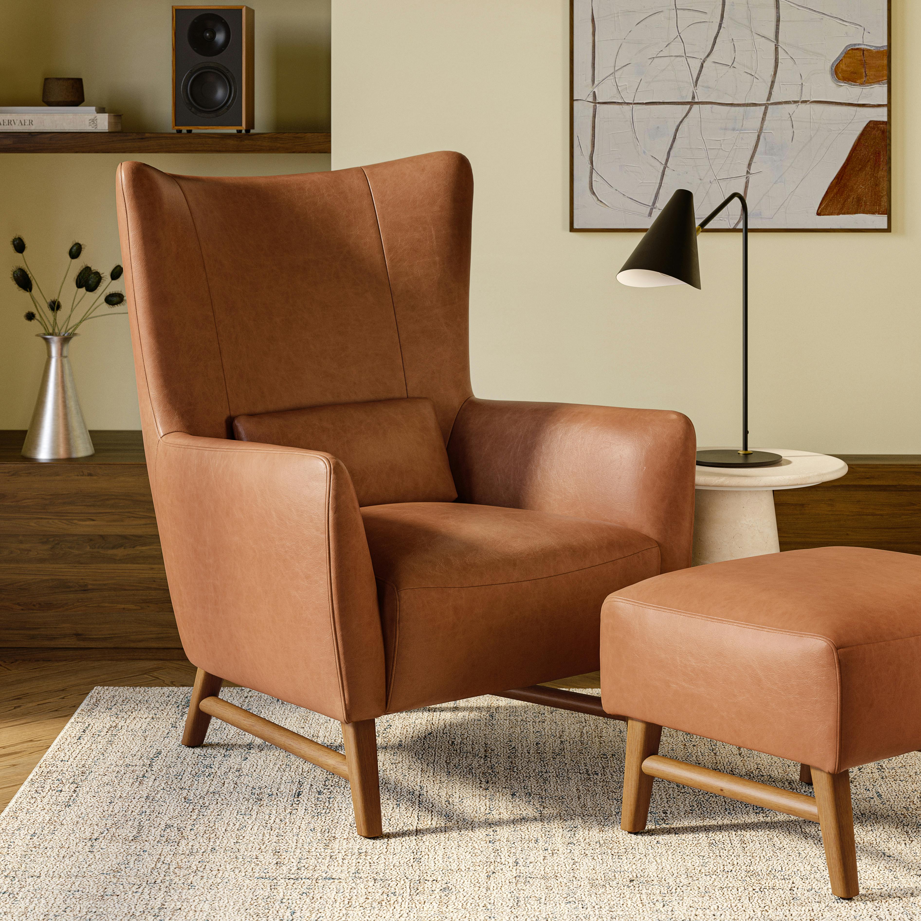 Waltham 34" Leather Wingback Lounge Chair - Salerno Tan