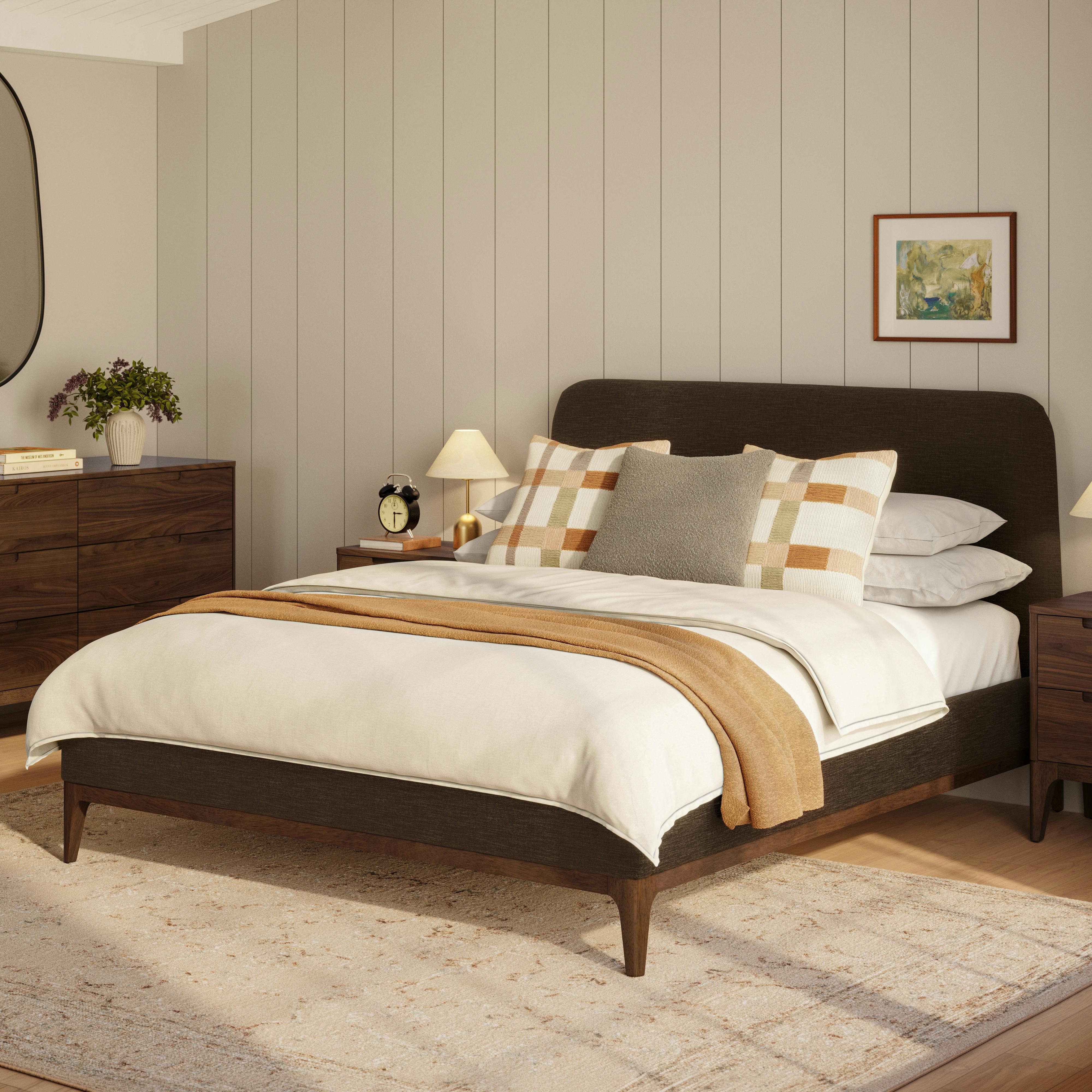 Rosin Queen Upholstered Bed - Walnut and Valor Brown