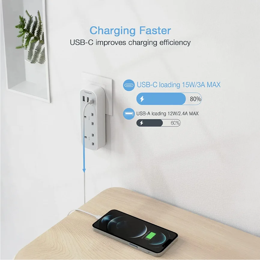 TESSAN Multi Plug Extension With 3 USB Slots - product image 02