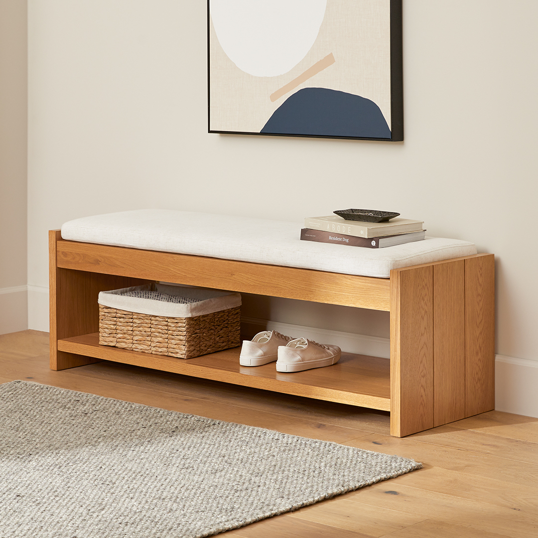 Cassie 56" Bench - Natural Oak and Ivory Chenille