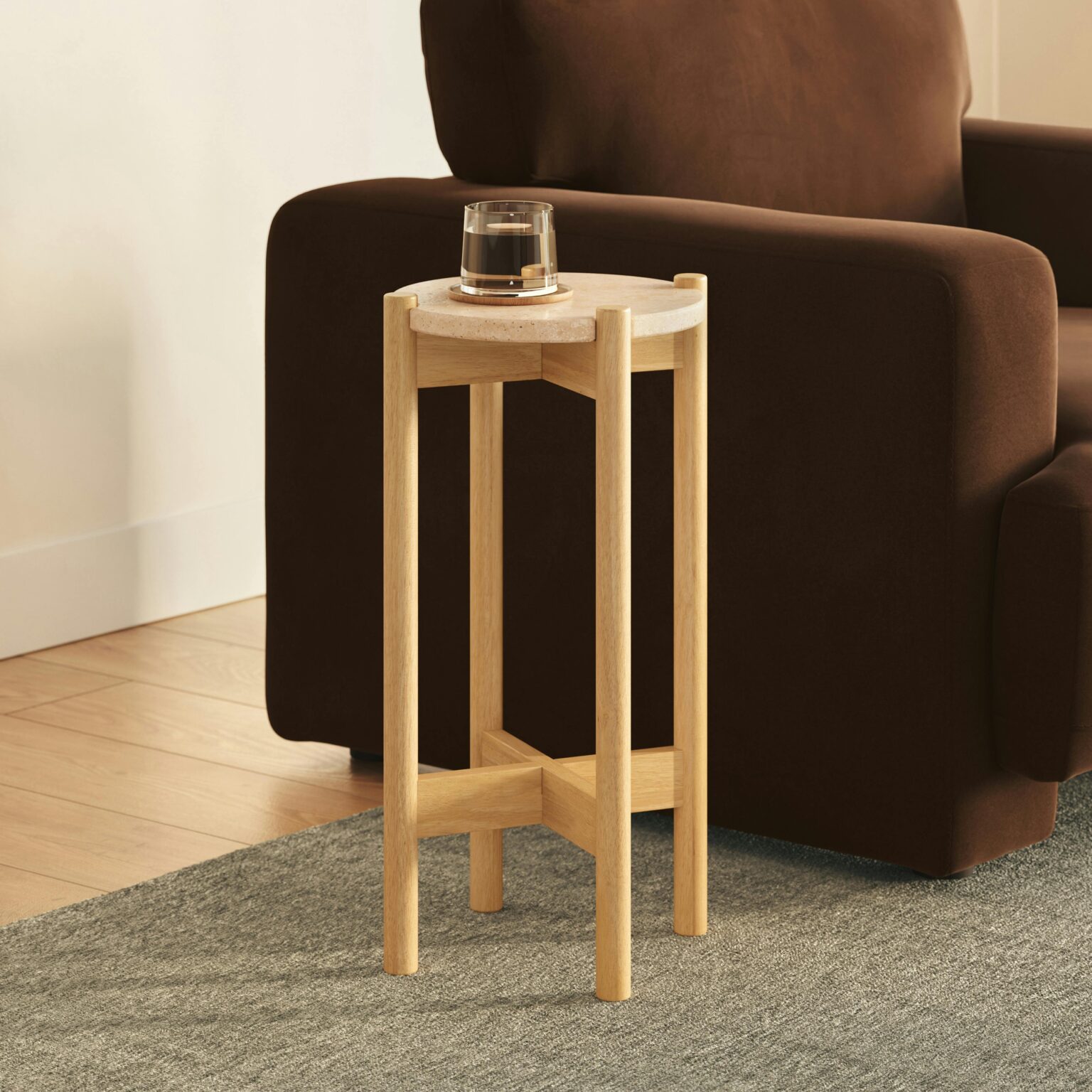 Veli Travertine Drinks Table - Natural Oak